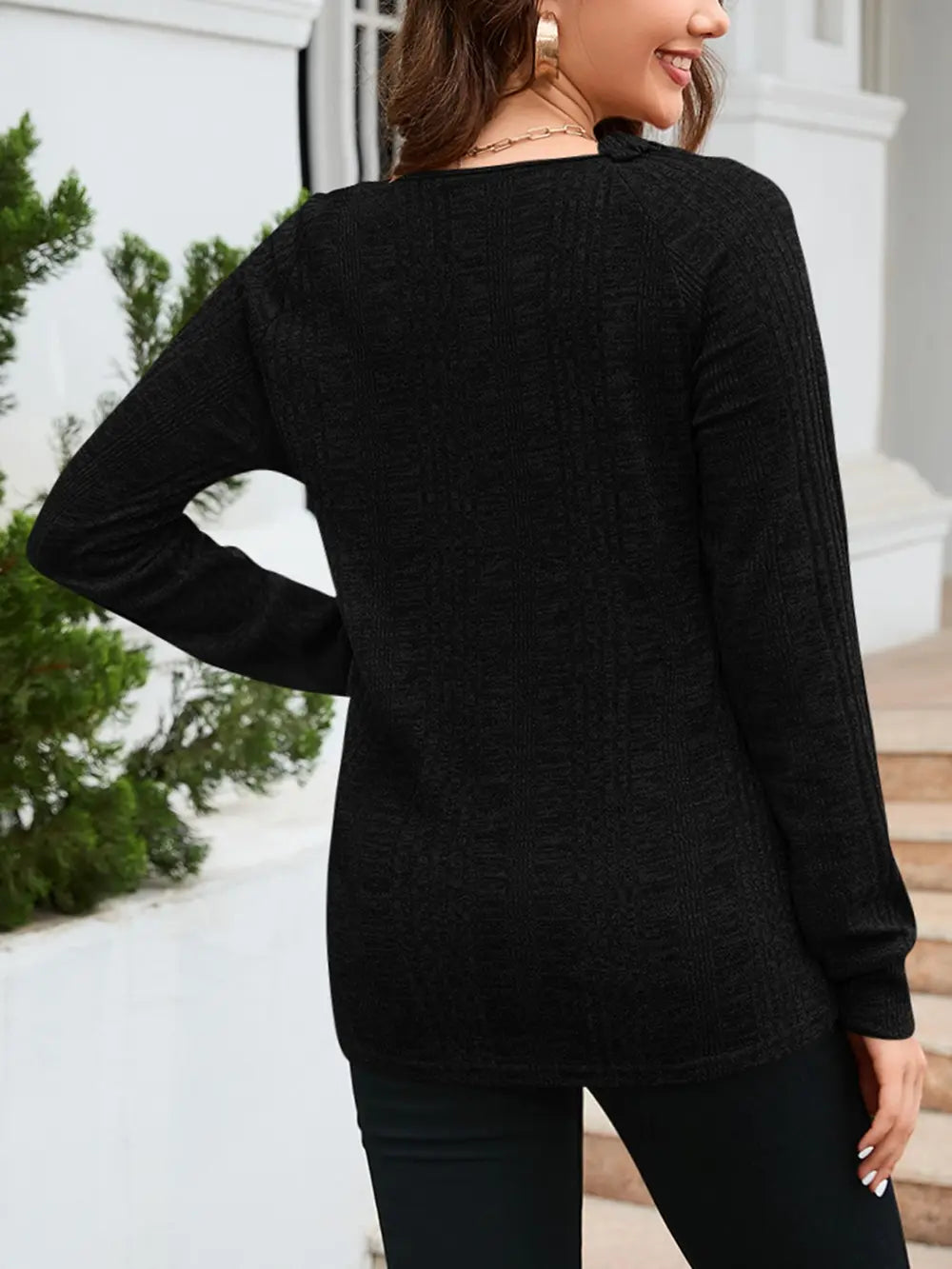 Texture Round Neck Long Sleeve Knit Top (5)