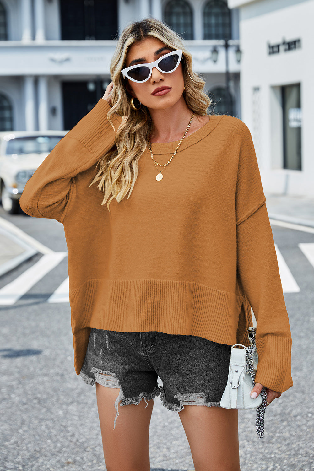 Round Neck Dropped Shoulder Slit Sweater (11)