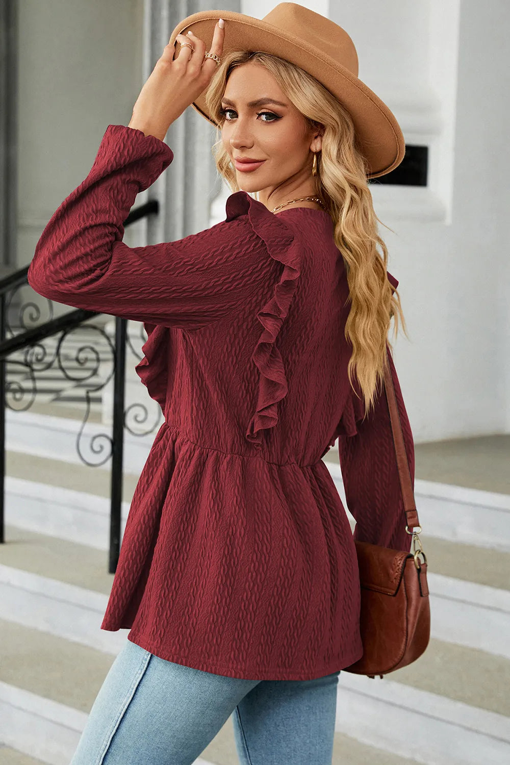 Ruffled Round Neck Balloon Sleeve Blouse (2)