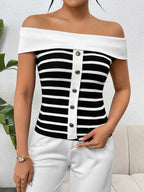 Decorative Button Striped Off-shoulder Knit Top (11)