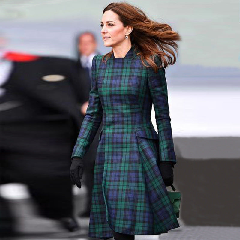 French Lapel Long Sleeve Plaid Waist Tight Large Swing Dress photo 2