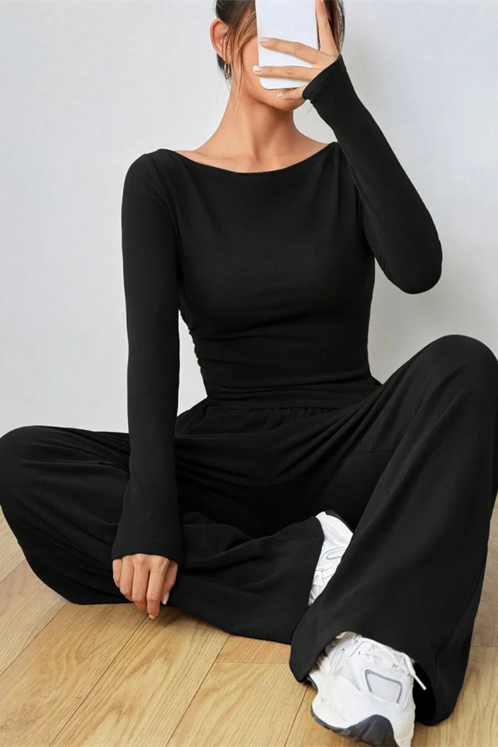 Boat Neck Long Sleeve Top Pants Set (19)