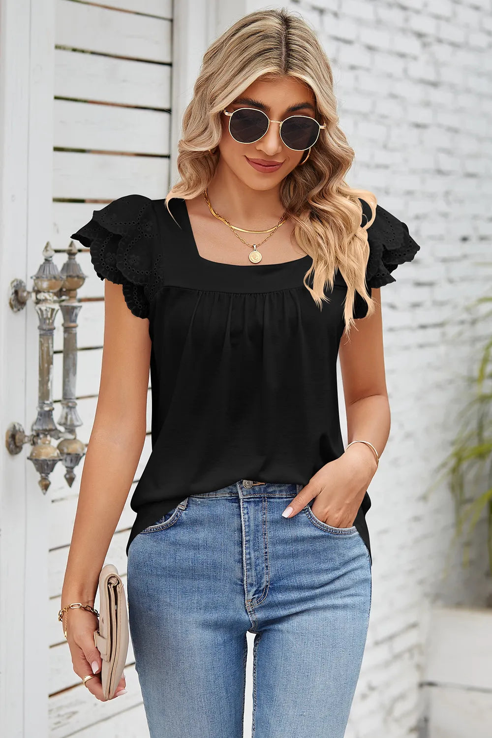 Eyelet Square Neck Cap Sleeve Blouse (18)