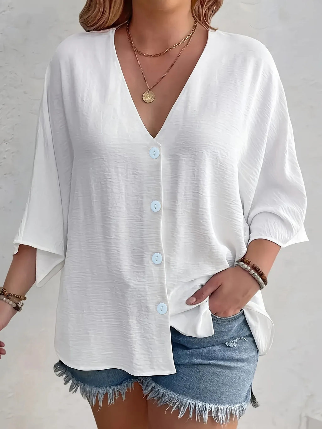 Full Size Casual V-neck Button Down Relaxed Fit Blouse Plus