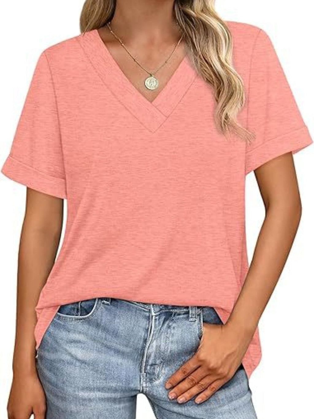 Casual V-neck Short Sleeve T-shirt (28)