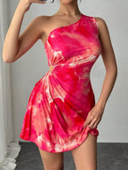 Cutout Drawstring Pleated Tie-dye Sleeveless Mini Dress (3)