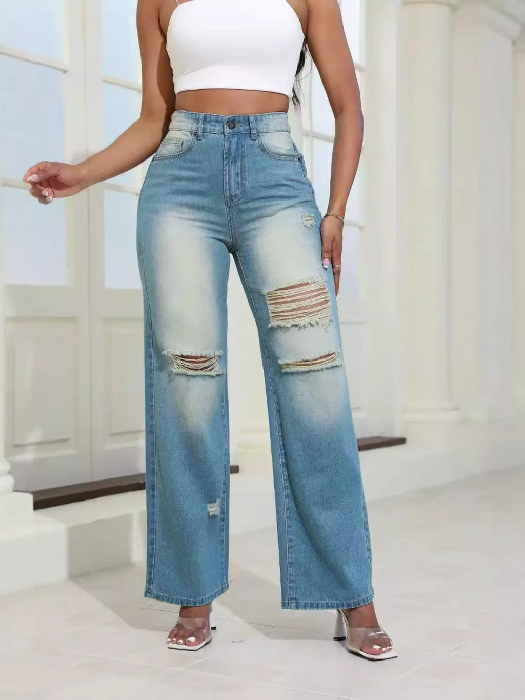 High-waisted Distressed Wide-leg Jeans (11)