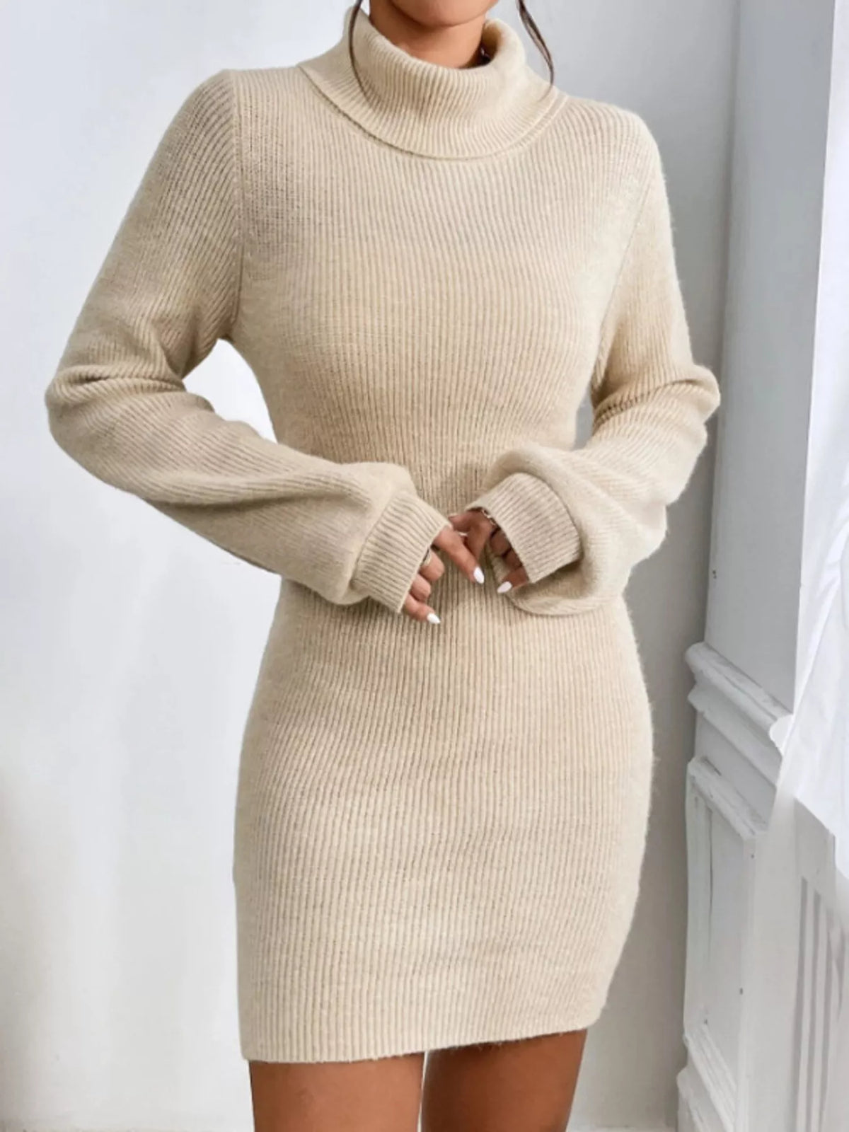Turtleneck Ribbed Knit Sweater Dress (4)