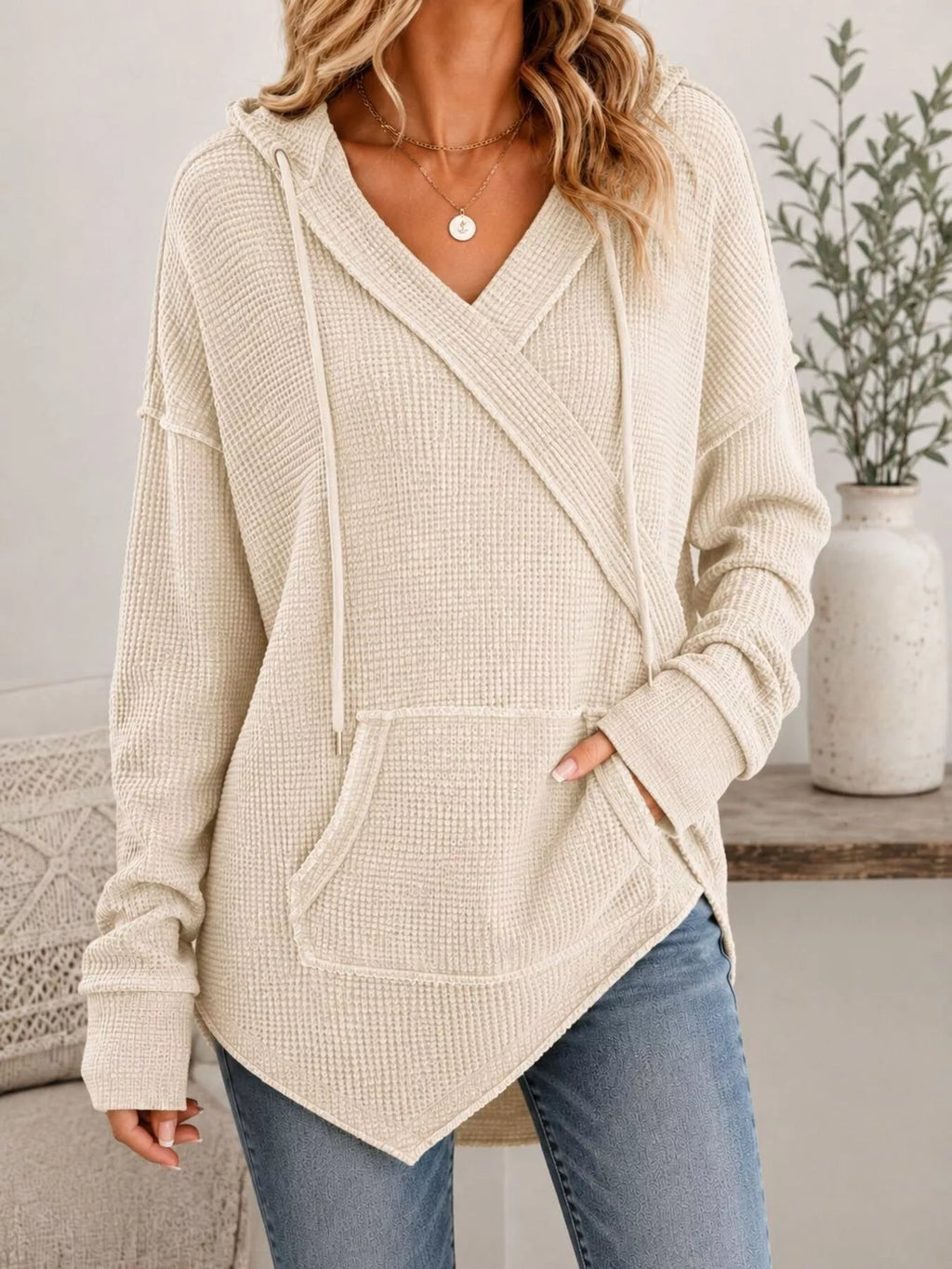 Drawstring Waffle Knit Hoodie