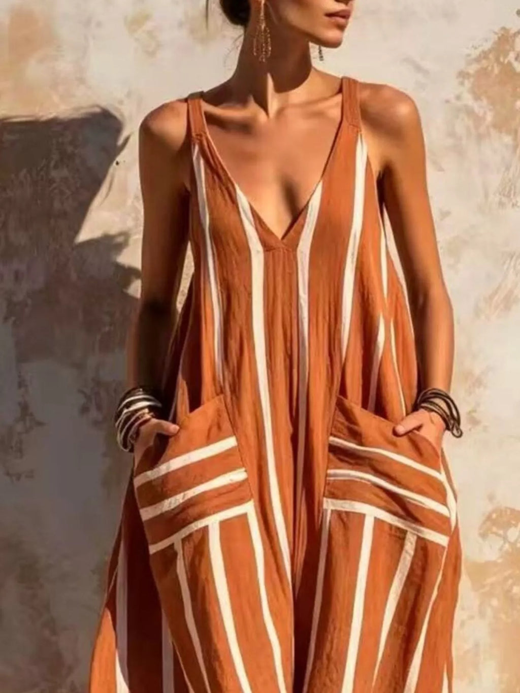 Striped V-neck Sleeveless Wide-leg Jumpsuit (2)