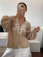 Embroidered Notched Long Sleeve Blouse (23)