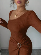 Slit Asymmetrical Neck Ribbed Maxi Dress (3)