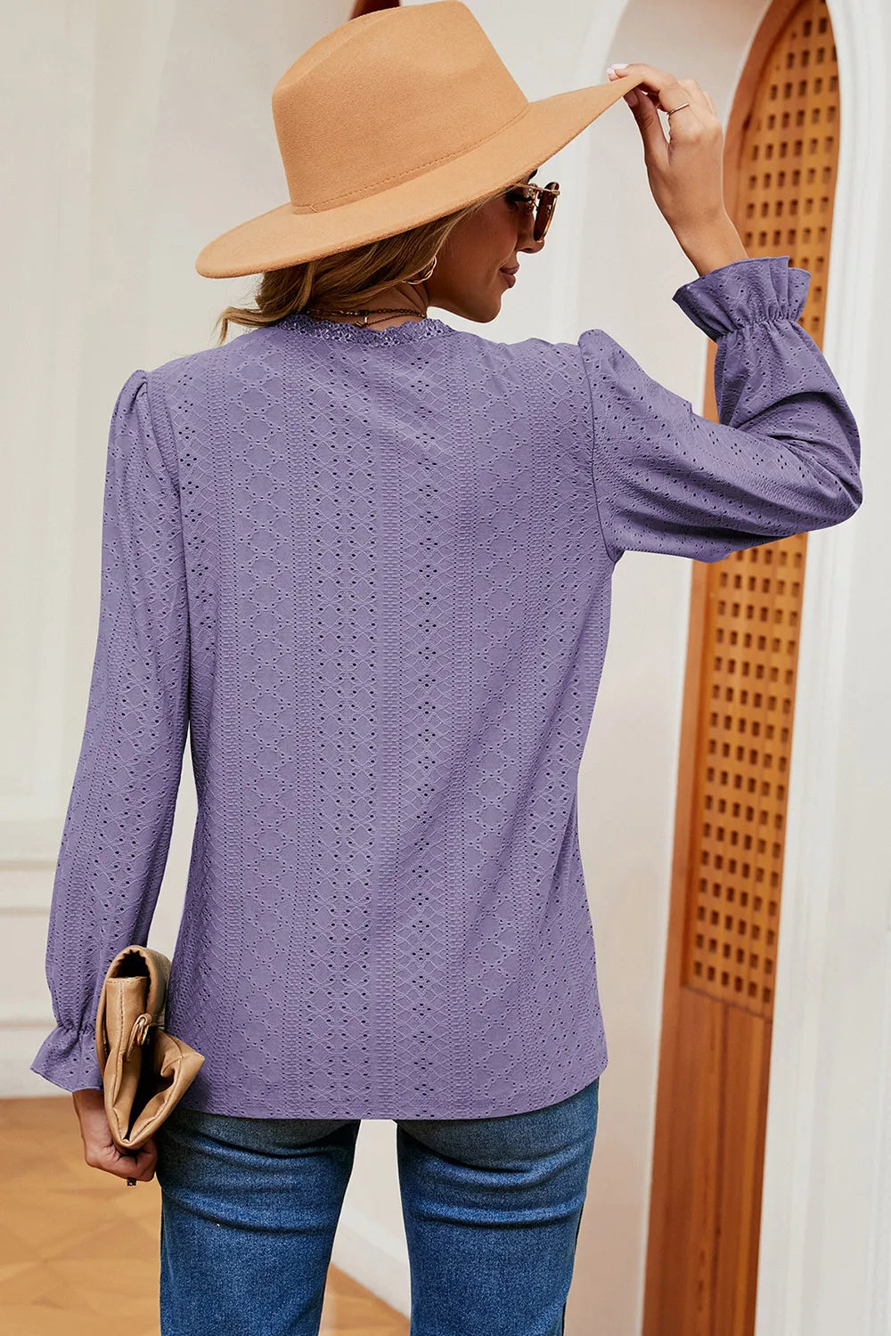 Eyelet V-neck Flounce Sleeve T-shirt (2)