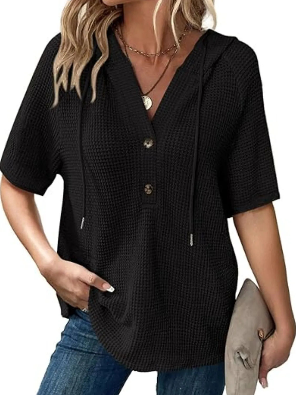 Drawstring Waffle-knit Short Sleeve Hooded Top (6)