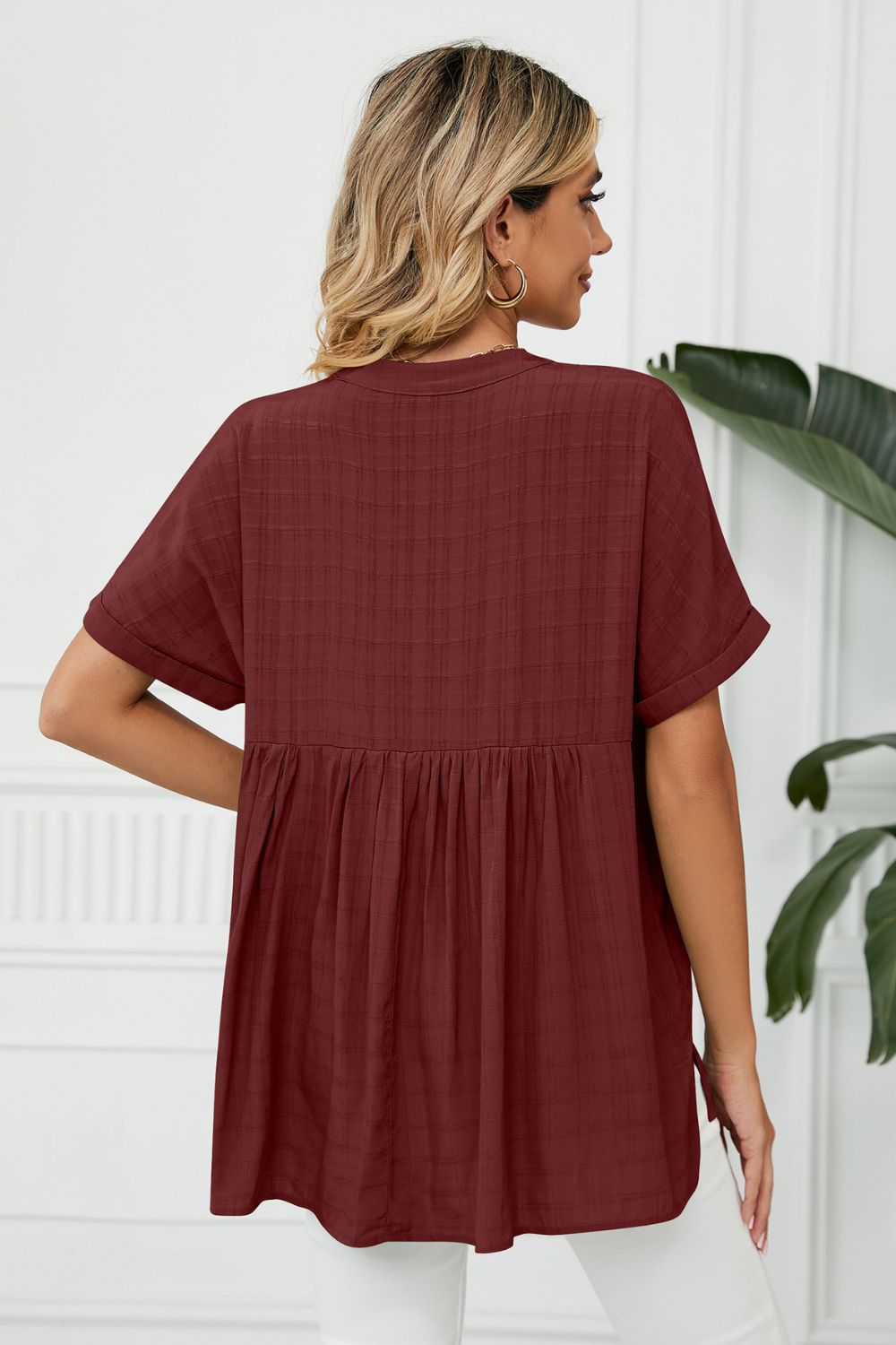 Side Slit Notched Neck Cuffed Short Sleeve Blouse (12)