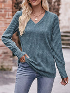 V-neck Ribbed Knit Long Sleeve T-shirt (3)
