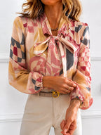 Printed Bow-tie Neck Long Sleeve Blouse (4)