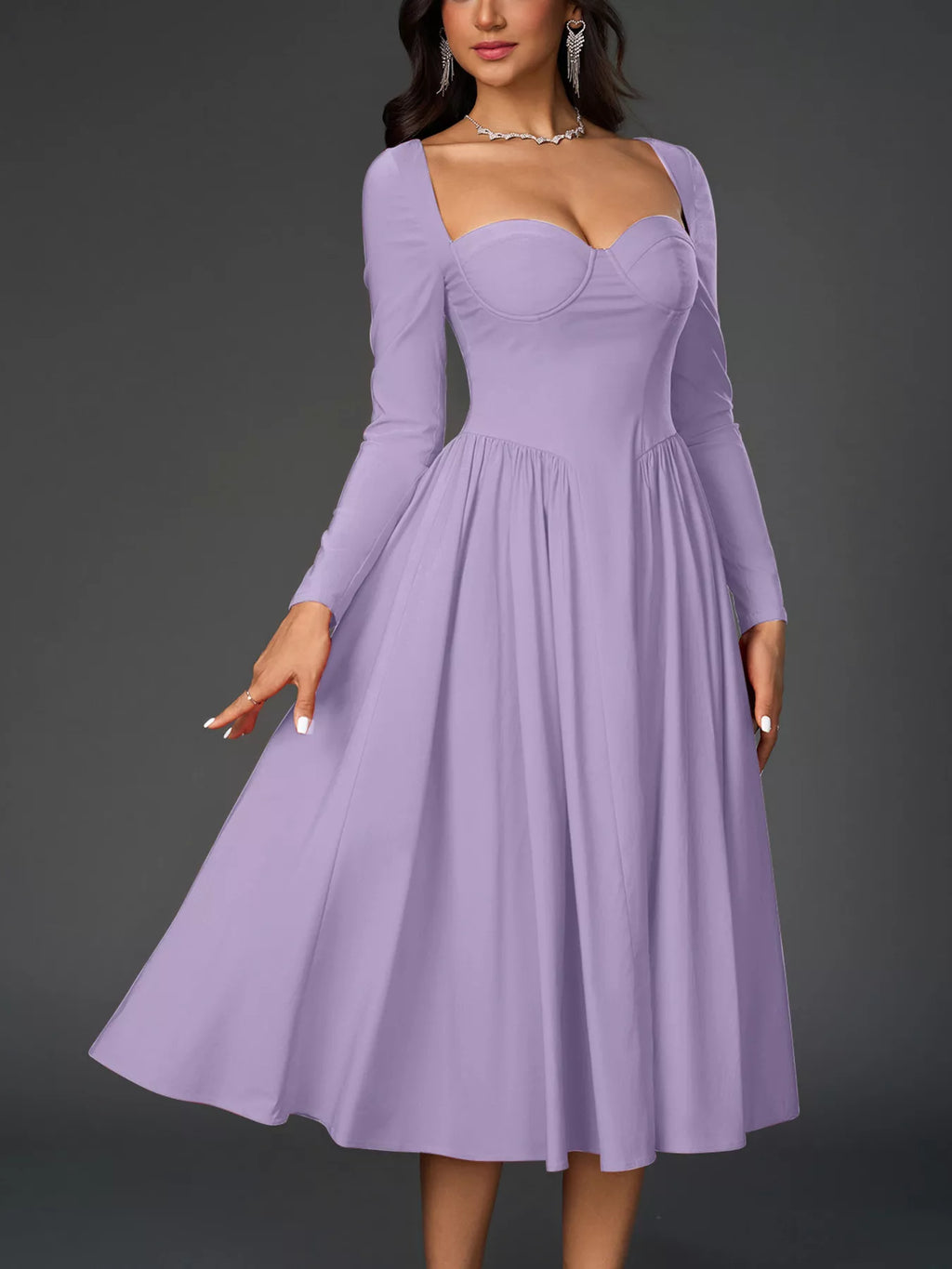 Sweetheart Neckline Long Sleeve A-line Midi Dress (23)