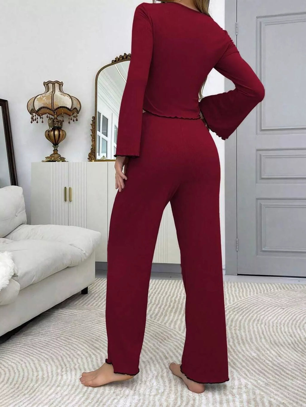 Lace Detail Flare Sleeves Top Pants Lounge Set (13)