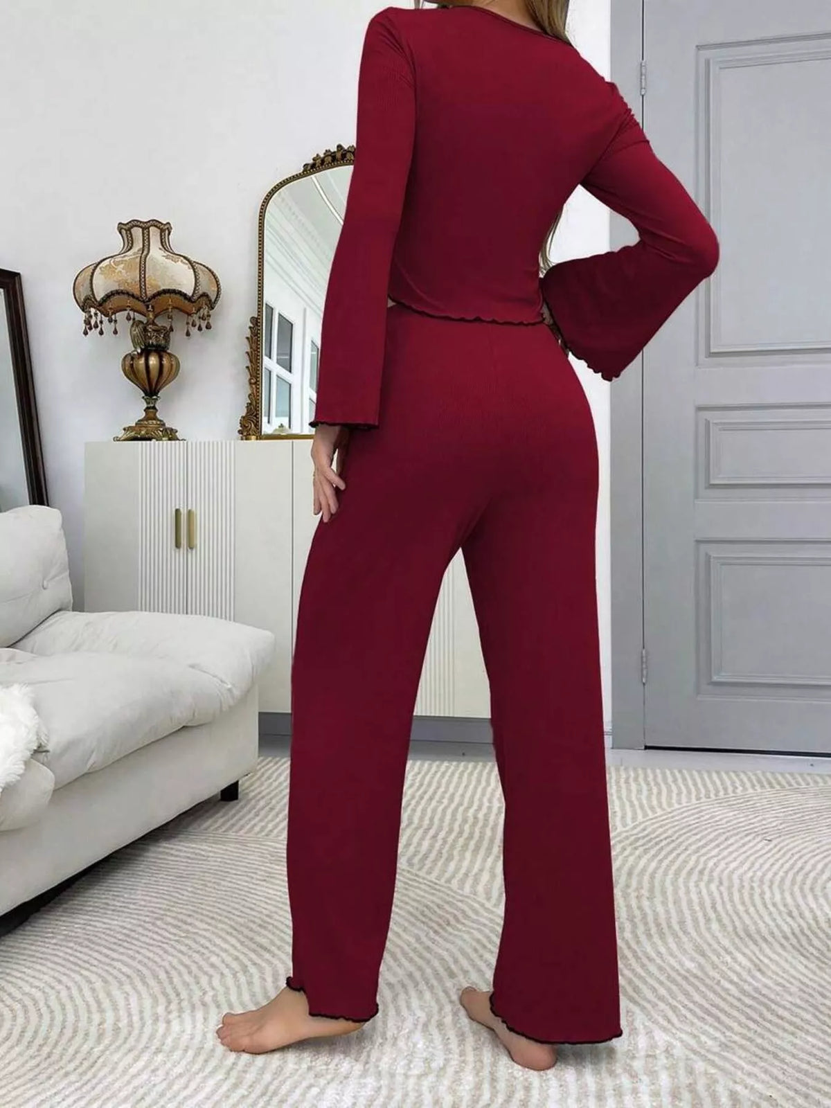 Lace Detail Flare Sleeves Top Pants Lounge Set (13)