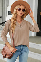 Decorative Button V-neck Long Sleeve T-shirt (17)