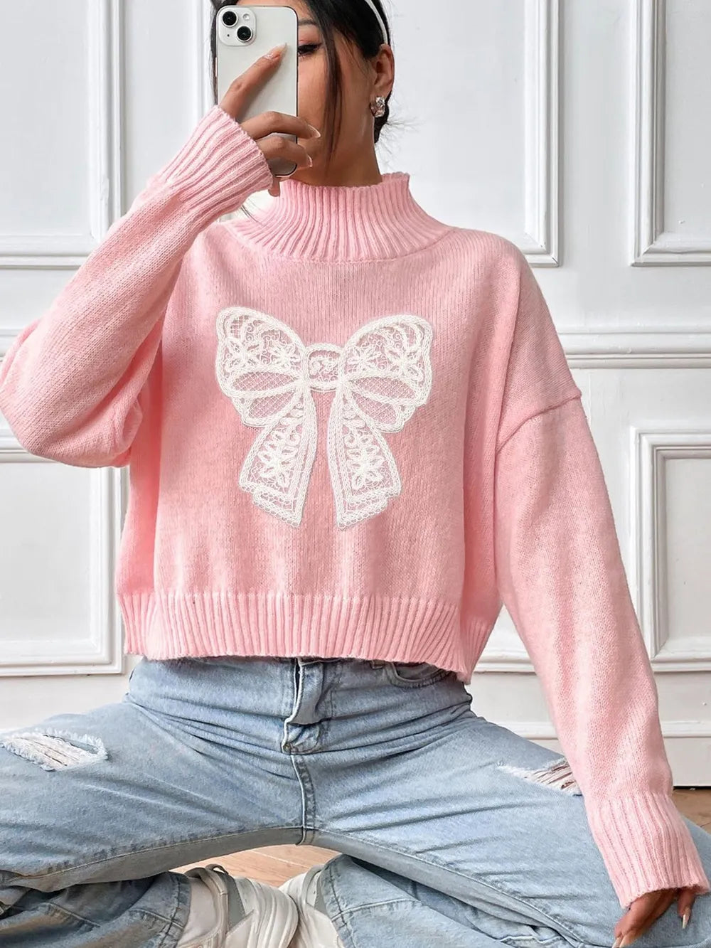 Bow Turtleneck Long Sleeve Sweater (8)