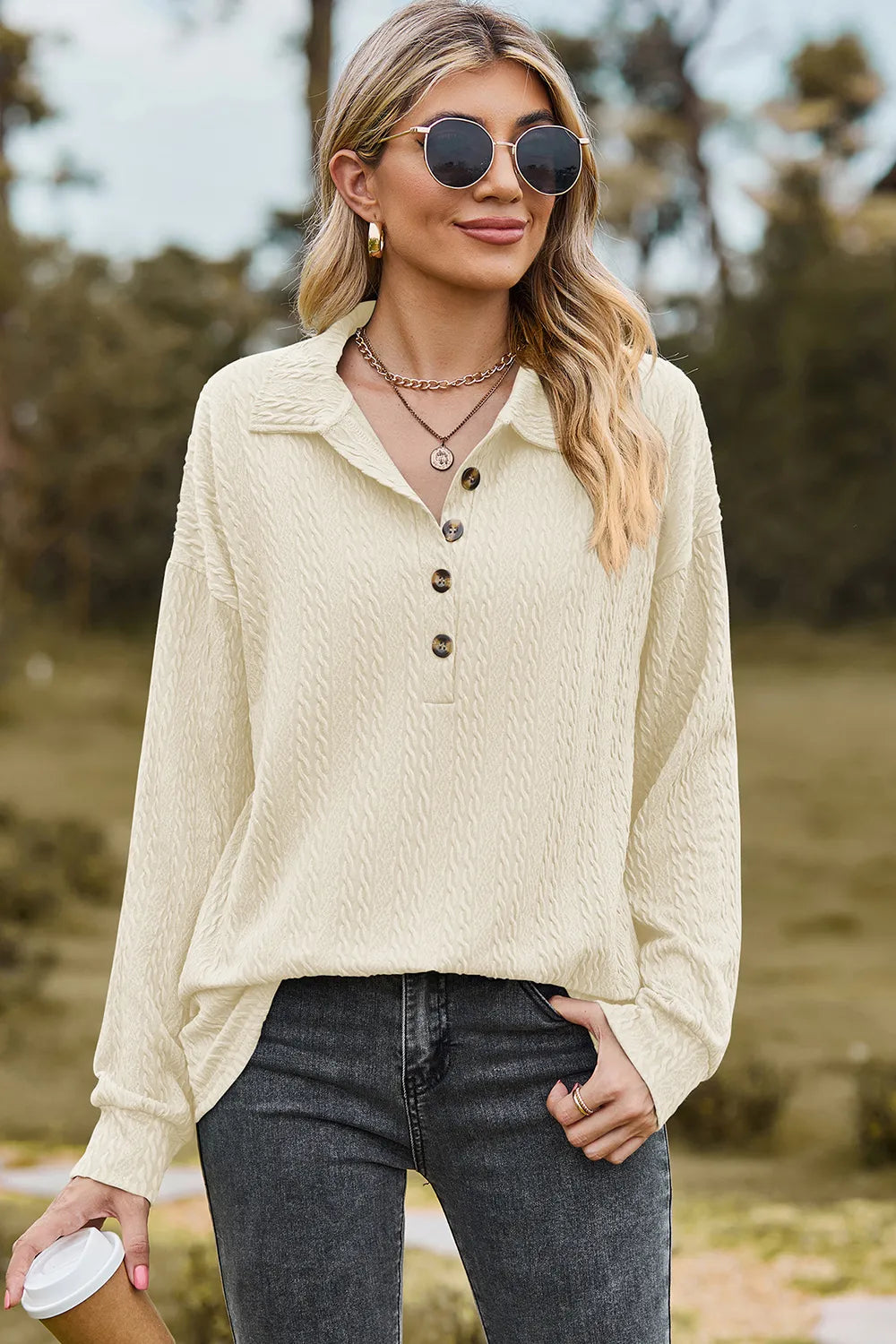 Half Button Dropped Shoulder Blouse (20)