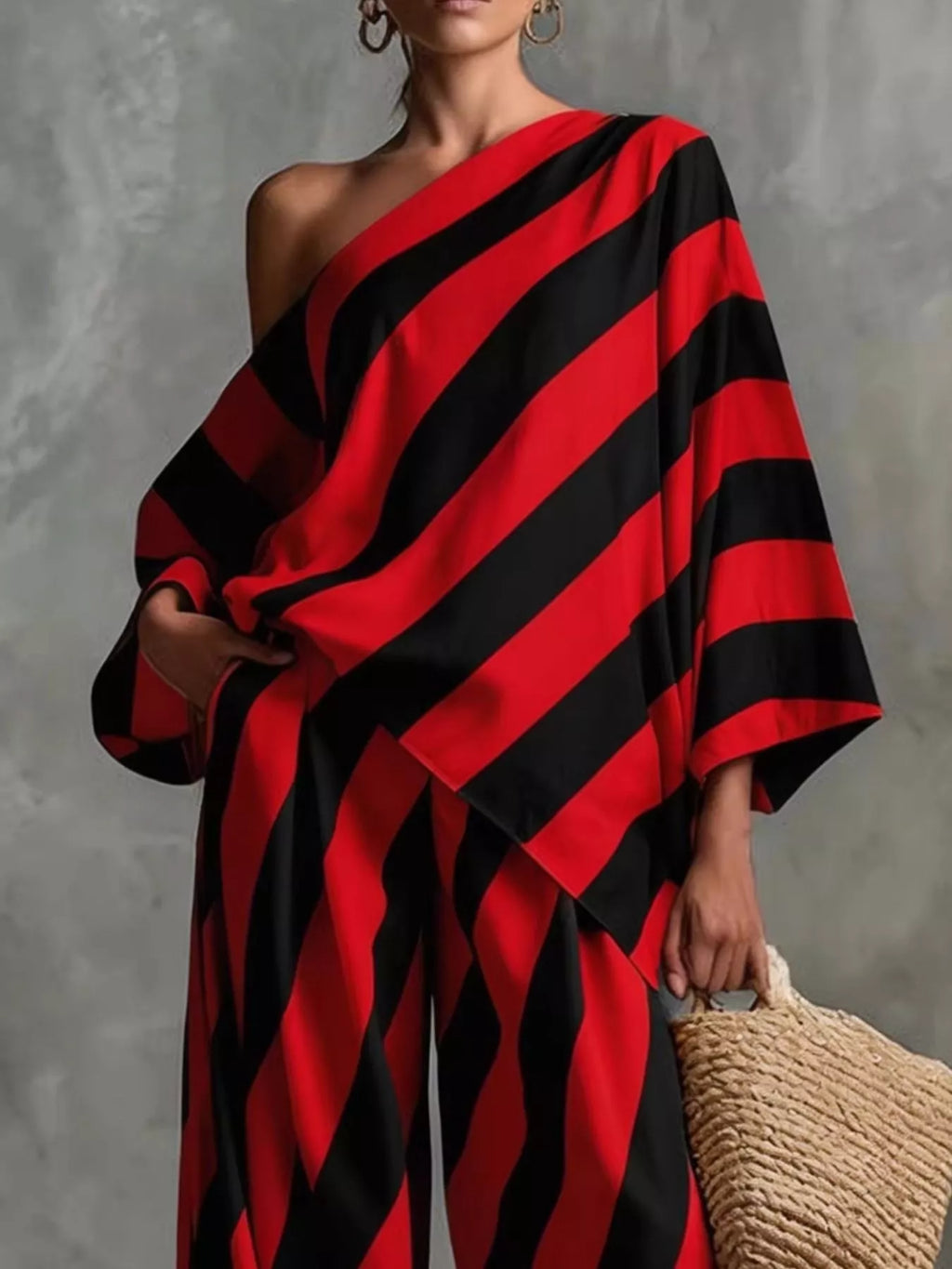 Full Size One-shoulder Striped Top Wide-leg Pants Set Plus (9)