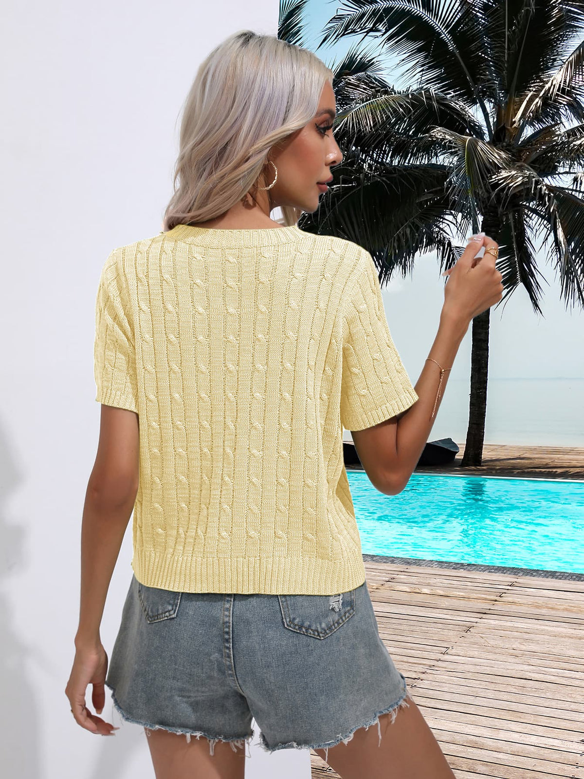 Cable-knit Round Neck Short Sleeve Knit Top (8)