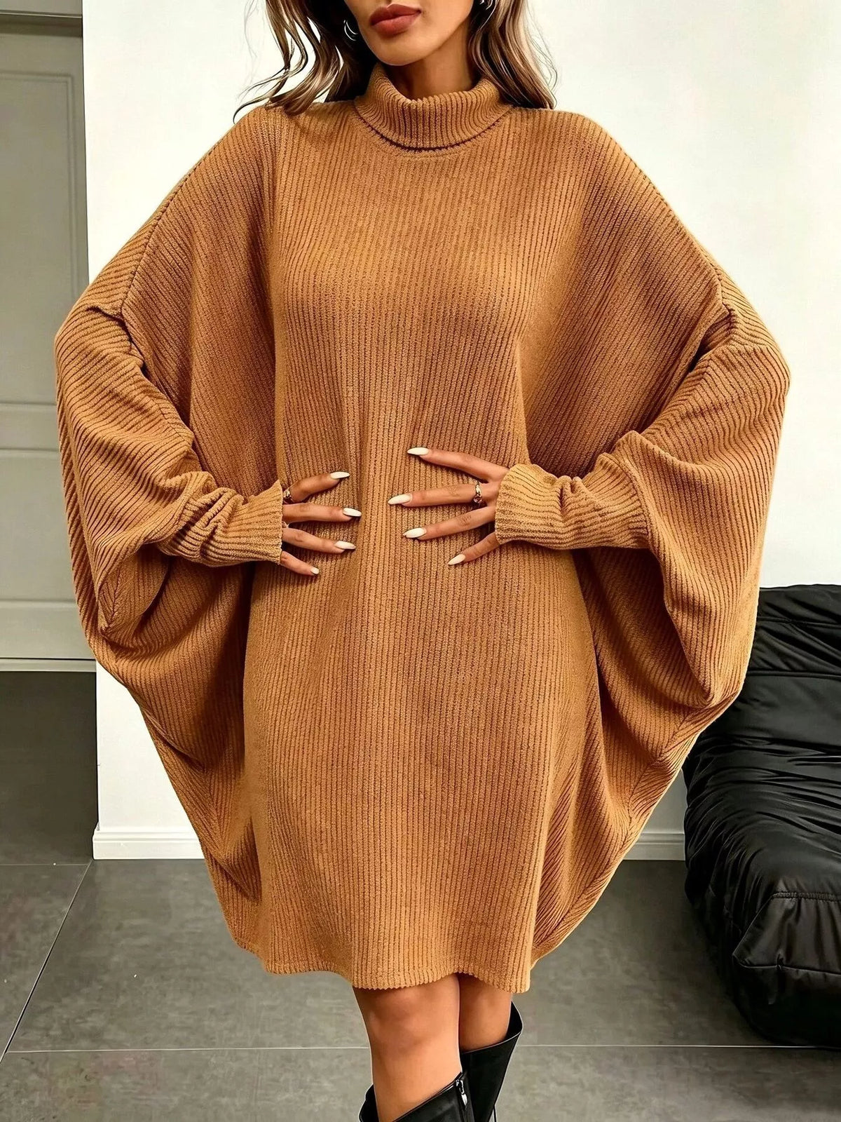 Oversized Batwing Sleeve Ribbed Knit Turtleneck Dress (18)