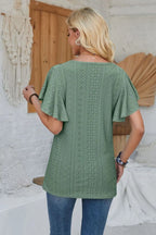 Eyelet Applique V-neck Cap Sleeve T-shirt (24)