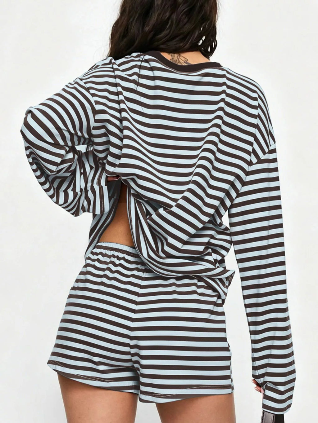 Striped Long-sleeve Top Shorts Set (15)