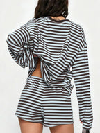 Striped Long-sleeve Top Shorts Set (15)