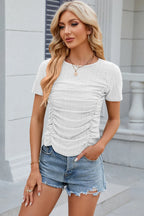 Eyelet Ruched Round Neck Short Sleeve T-shirt (3)