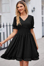 Swiss Dot Frill Trim Flounce Sleeve V-neck Dress (8)