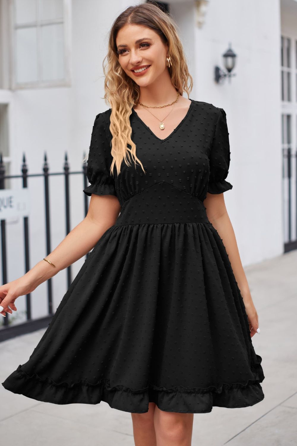 Swiss Dot Frill Trim Flounce Sleeve V-neck Dress (8)