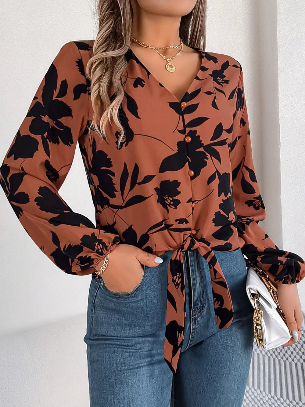 Printed V-neck Long Sleeve Blouse (9)