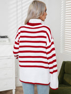 Striped Slit Turtleneck Drop Shoulder Sweater (9)