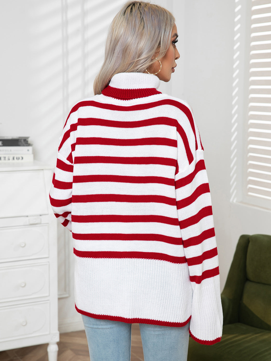 Striped Slit Turtleneck Drop Shoulder Sweater (9)