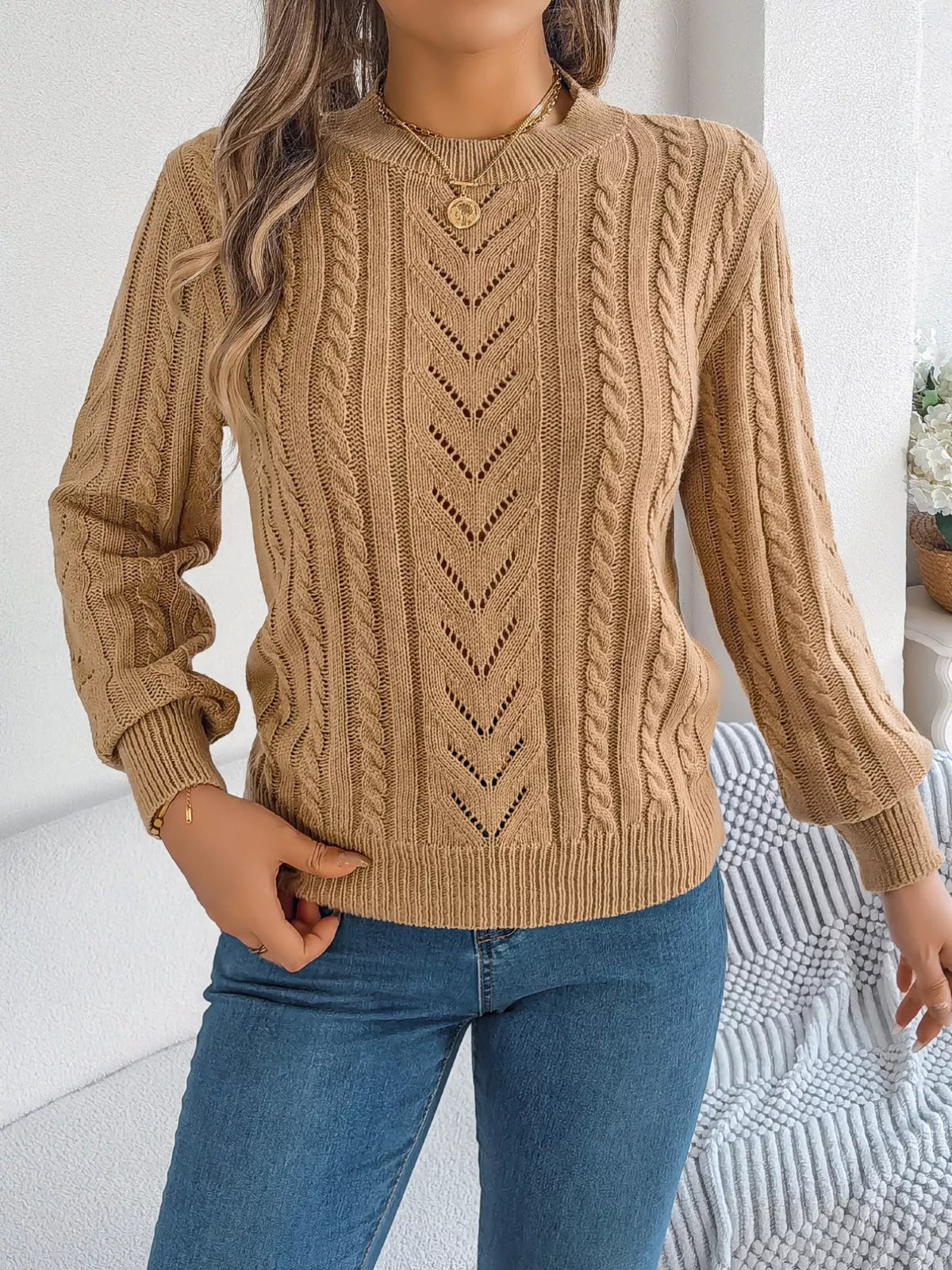 Cable-knit Round Neck Sweater (10)