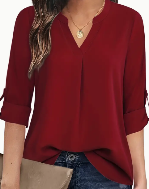 Solid V-neck Long Sleeve Blouse variant CJCS223760901AZ|CJCS223760902BY|CJCS223760903CX|CJCS223760904DW|CJCS223760905EV|CJCS223760906FU