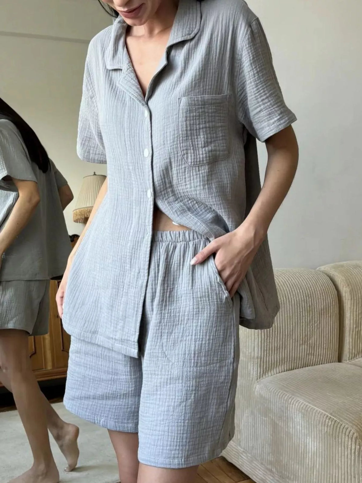 Button Up Short Sleeve Shirt Shorts Set (4)