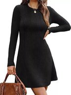 Ribbed Knit Long Sleeve A-line Dress (8)