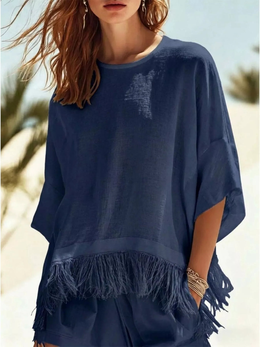 Fringed 3/4 Sleeve Blouse