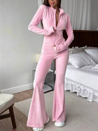 Zip-up Crop Top Flared Pants Two-piece Set (16)
