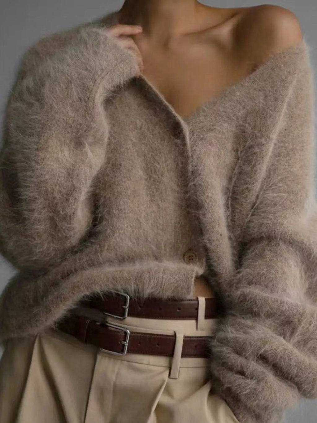 Fuzzy V-neck Button-down Cardigan (17)