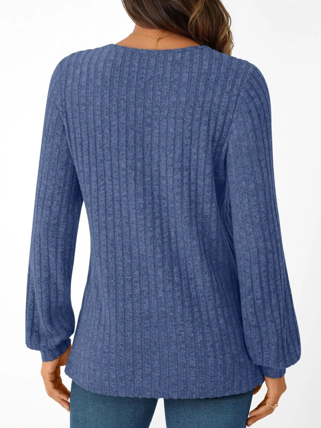 Ribbed Knit V-neck Long Sleeve T-shirt (25)