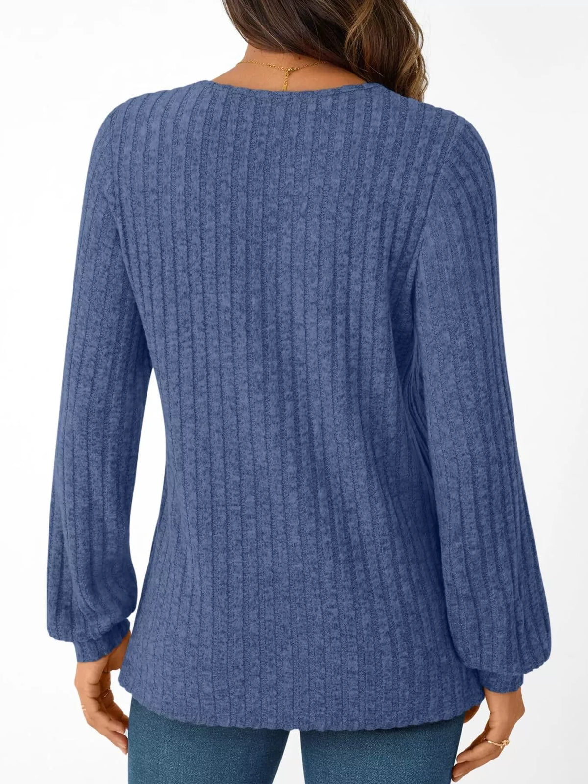 Ribbed Knit V-neck Long Sleeve T-shirt (25)