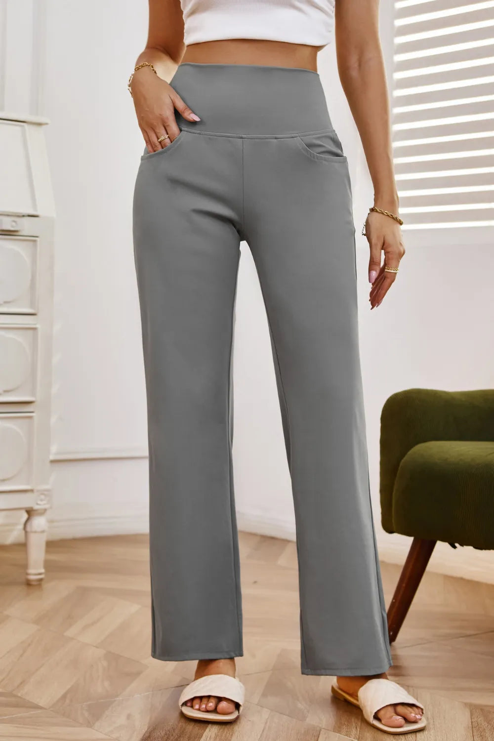 High Waist Wide Leg Pants Pockets