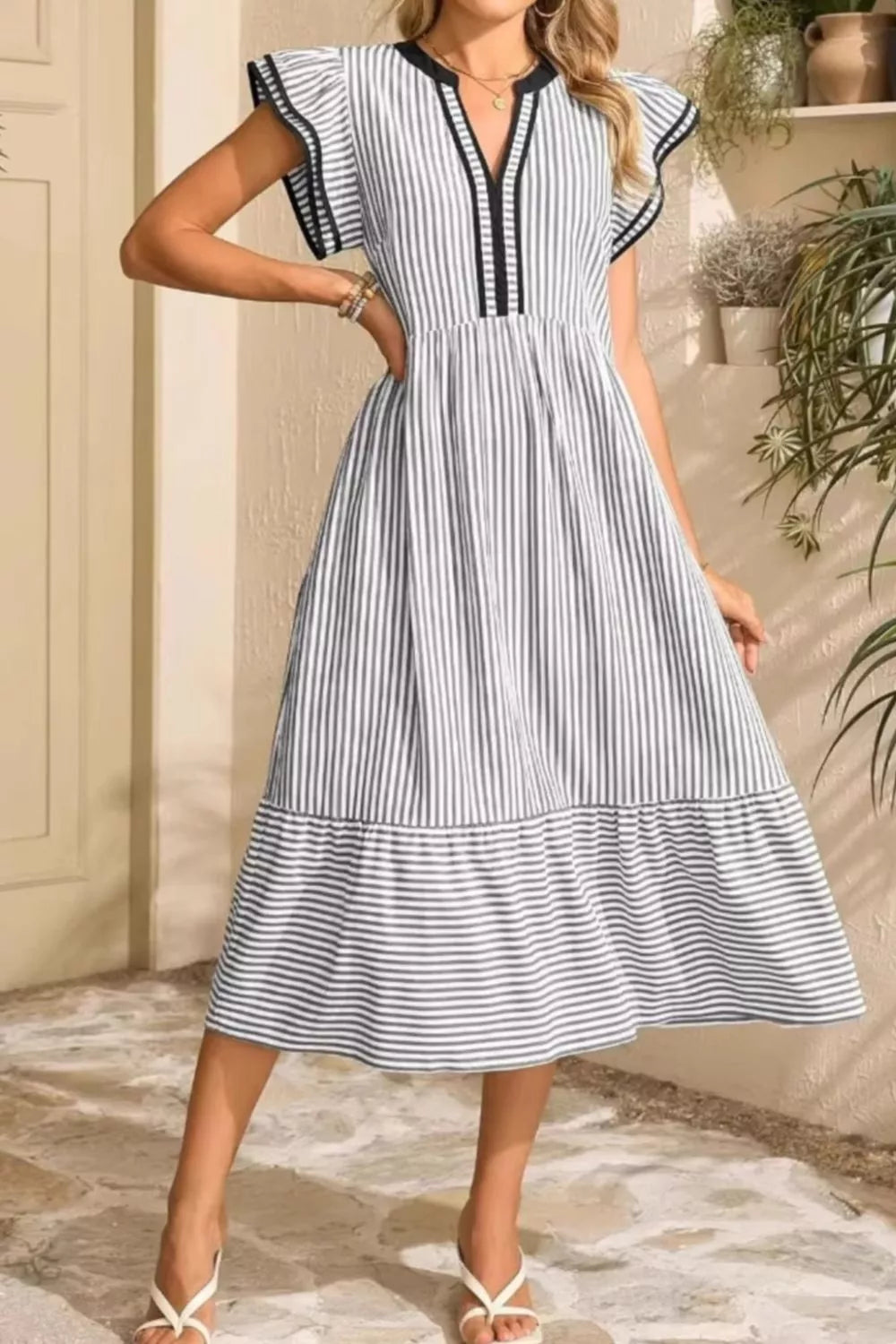 Striped Ruffle Sleeve Midi Dress (7)